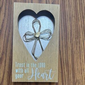 Wooden Heart Cross Wall Art - Gold Accent